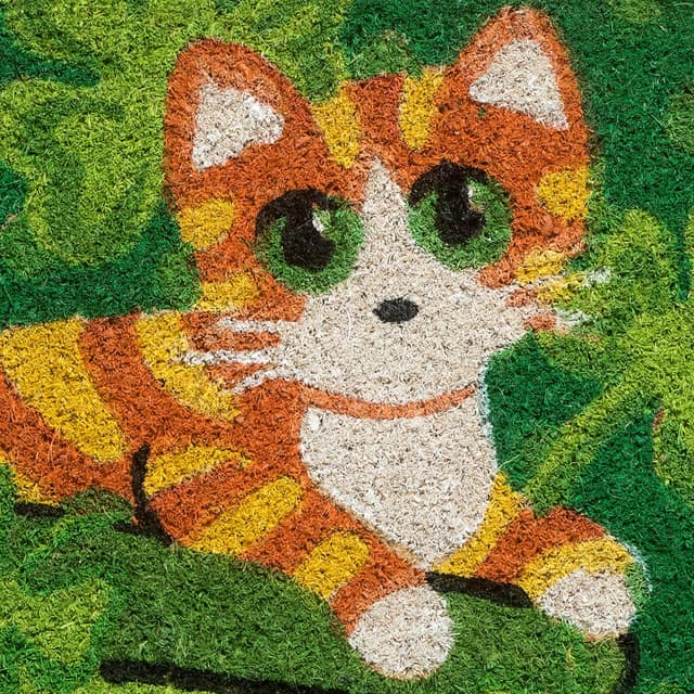 Detalle 2 de Baroni Home zerbino da esterno in cocco dipinto a mano con base in PVC, gatto su sfondo verde, 60x40 cm