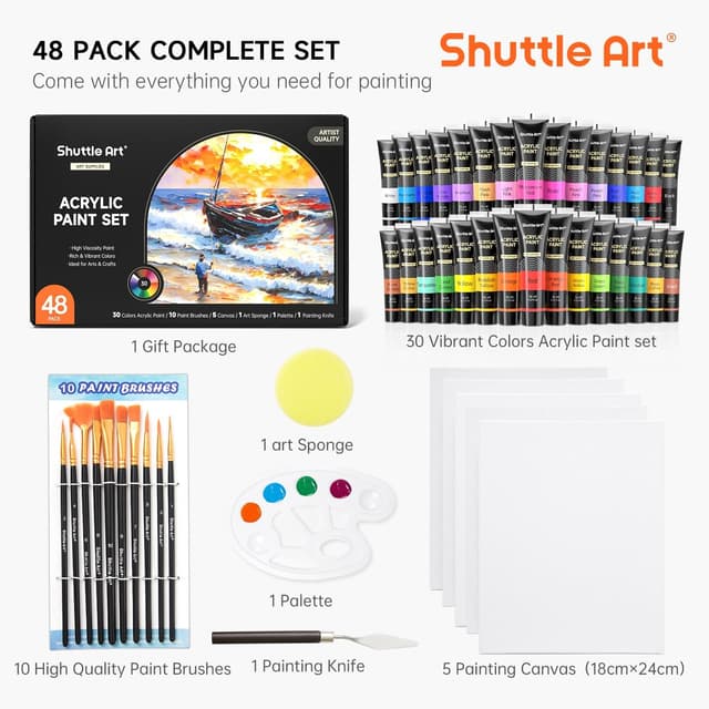 Detalle de Shuttle Art 48 Pack Acrylic Paint Set with 30 colours, 10 brushes, 5 canvases and palette