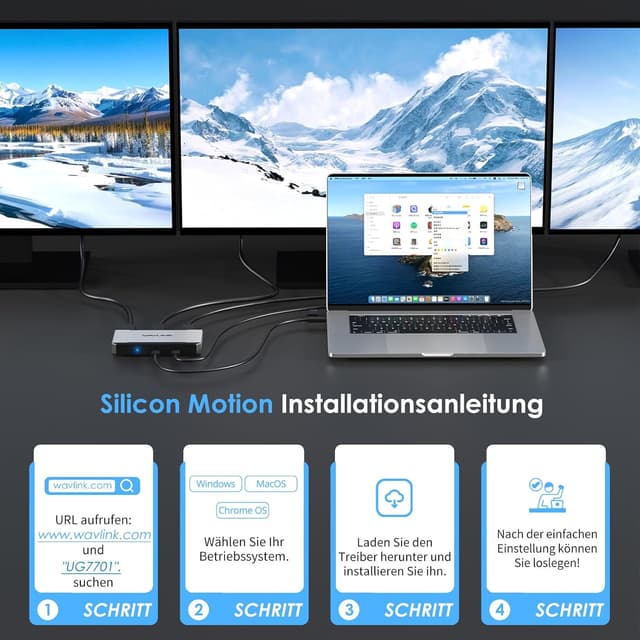 Detalle de WAVLINK Dockingstation Triple Monitor für macOS (M1–M4) – 3 HDMI/2 DP, 4K@60Hz und 100W Power Delivery