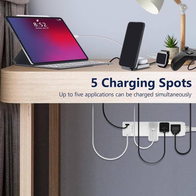 Detalle de LIDER Outlet Extender with 3 Receptacles and USB (Type-A + Type-C) – Ultra-Thin Wall Plate Plug with 3ft Cord, 12W, White