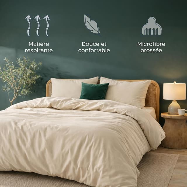 Detalle 2 de Parure de lit Twinzen en microfibre 240x220 cm beige avec 2 taies 50x70 cm (Oeko-Tex)