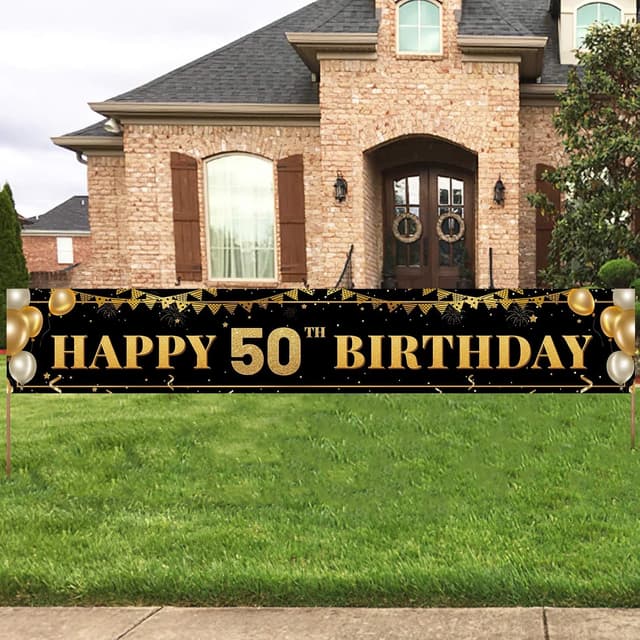 Detalle de Large Happy 50th Birthday Decoration Banner (Black & Gold) — Polyester Party Backdrop Sign, 9.8 x 1.6 ft