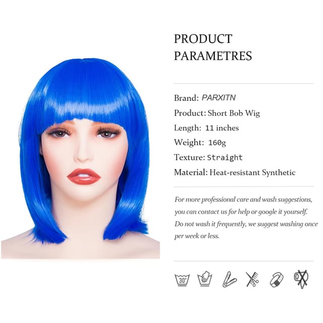 Detalle 2 de PARXITN Bob-Perücke mit Pony in Blau – Synthetikhaar, ca. 28 cm Schulterlänge, gewellt