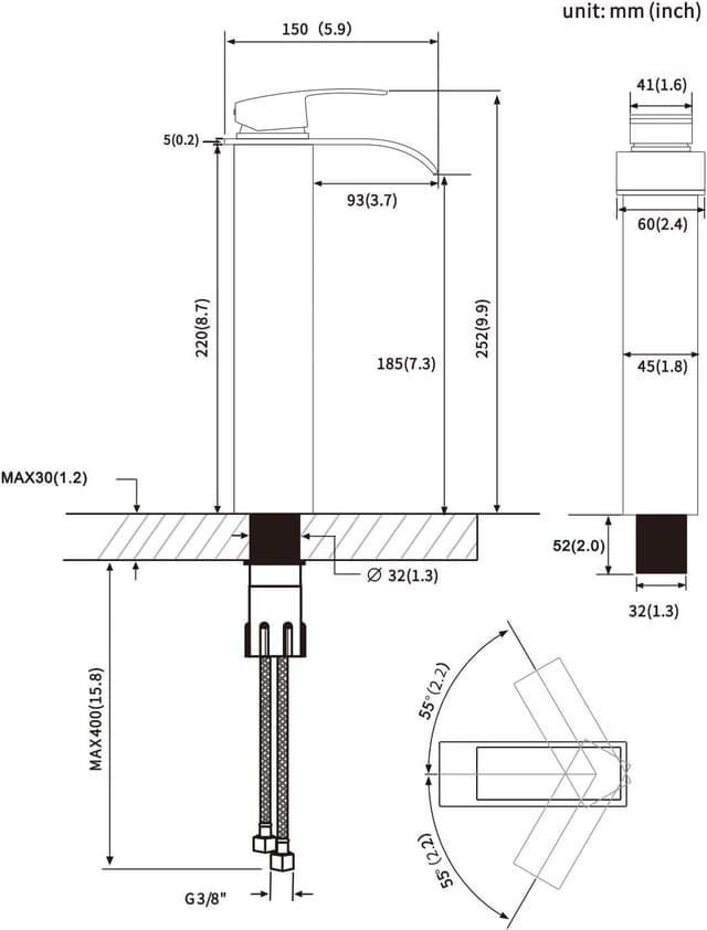 Detalle 2 de CECIPA Grifo Lavabo Cascada Alto Negro 185 mm