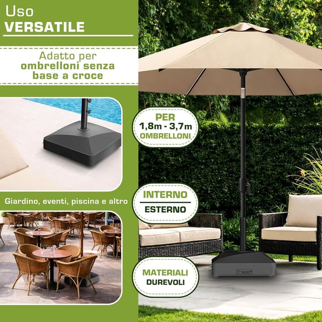 Detalle de tillvex® Base per ombrellone GRAVIA con ruote e freni, zavorra riempibile 37 L/56 kg, per palo Ø 1,8–3,7 m, nero
