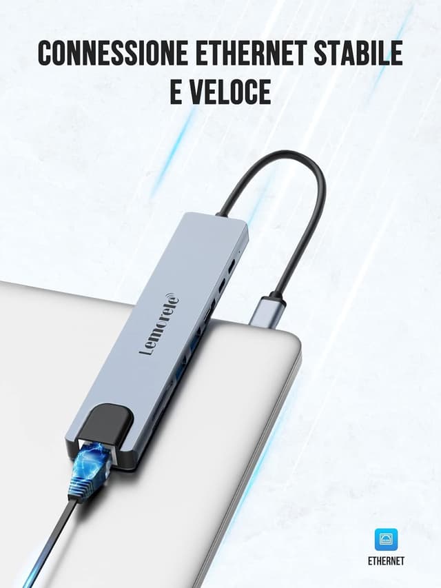 Thumbnail 6 de Lemorele Hub USB-C Gigabit Ethernet 8 in 1 con HDMI 4K e PD 100W (dock per Windows, Mac, Android, iOS, Linux)