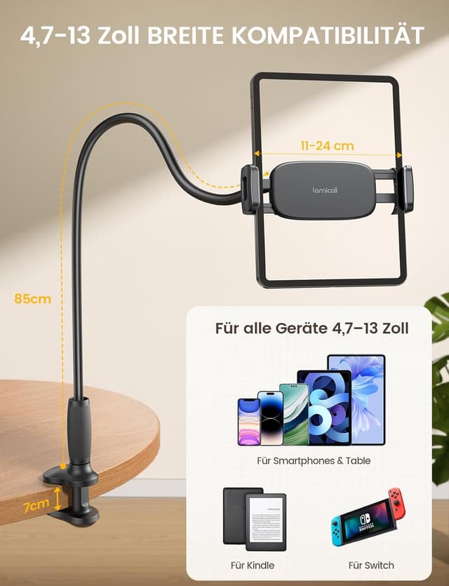 Detalle 2 de Lamicall Schwanenhals Tablet-Halterung für Bett & Tisch (85 cm) – 360° drehbar, für iPad & 4,7–13