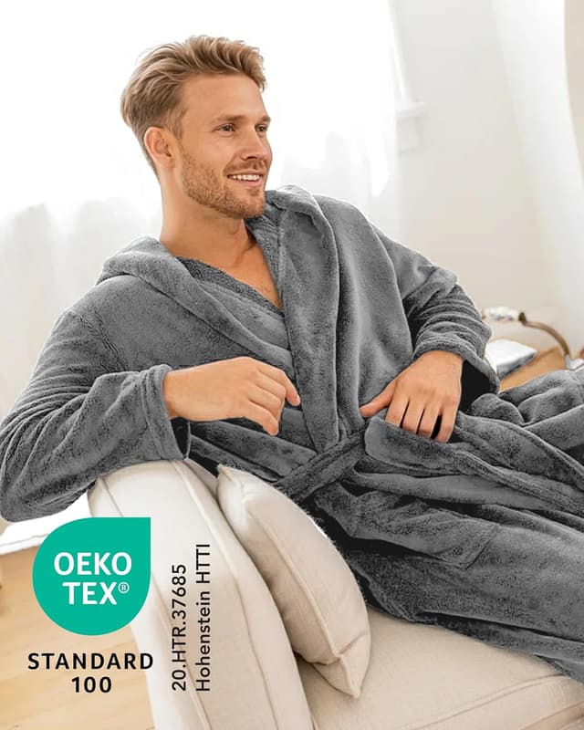 Detalle de Twinzen Kuschelfleece Morgenmantel mit Kapuze (Unisex) – S bis 3XL, Schwarz, Öko-Tex Standard 100