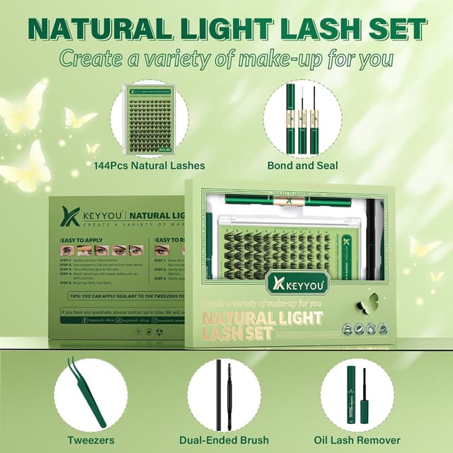 Detalle 2 de KEYYOU Natural Lash Clusters Kit (144 pcs) DIY Lash Extension Set with Bond, Seal, and Tools (D Curl, 8–18 MIX)
