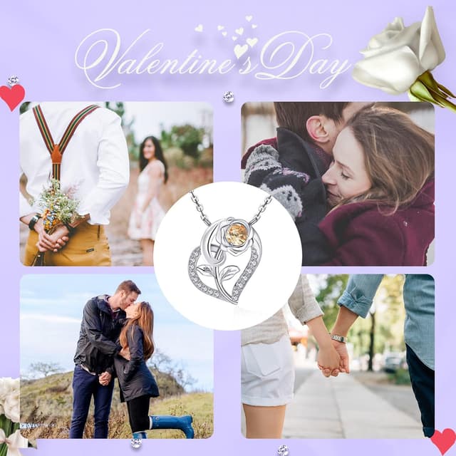 Detalle de Qings Herz Geburtsstein Kette mit Rosen-Anhänger aus 925er Silber (Damen, 5A Zirkonia)