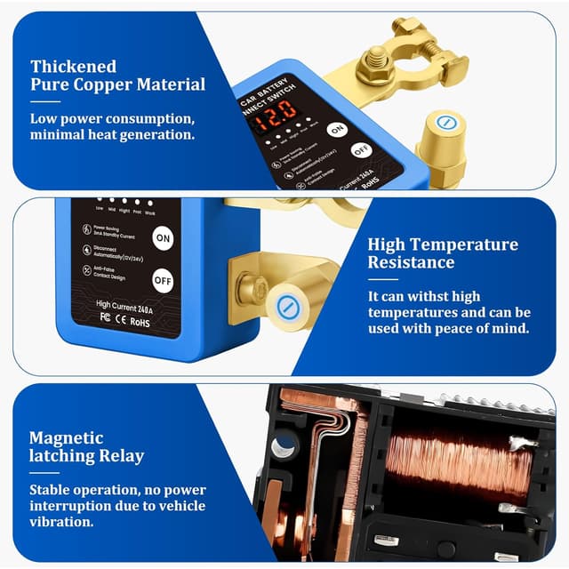 Detalle 2 de Disjoncteur de batterie télécommandé sans fil 12V 240A avec LED et coupure automatique (bleu)