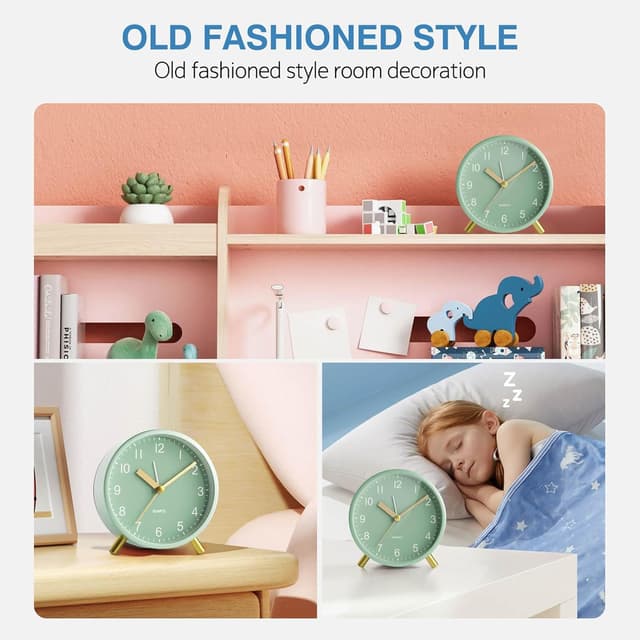 Detalle 2 de Jisile Silent Non-Ticking Battery Alarm Clock with Night Light (Sage Green)