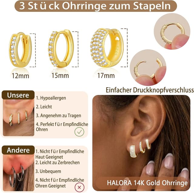Detalle de Halora 3 Paar Creolen-Set aus Silber 925 (hypoallergen, nickelfrei) mit 14K Gold-Optik & Zirkonia