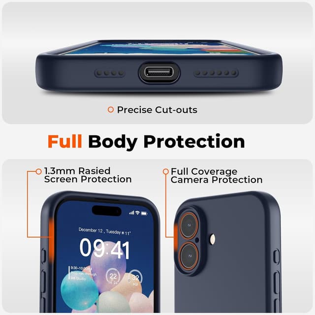 Detalle 2 de SUPFINE iPhone 16 Plus Case in Midnight Blue: liquid silicone, slim shockproof protection