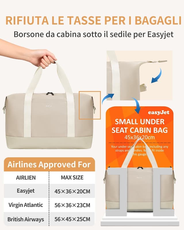 Detalle de ECOHUB Bagaglio a Mano Easyjet 45x36x20, borsa pieghevole 30L con tasca impermeabile (Beige)