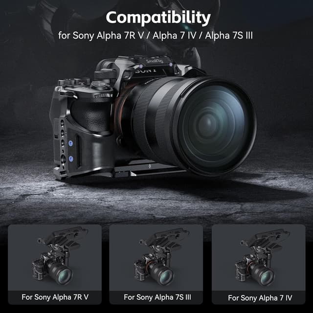 Detalle de SMALLRIG Cage Kit 4308 mit Kabelklemme und Arca-Swiss-Schnellwechselplatte für Sony Alpha 7R V/7 IV/7S III