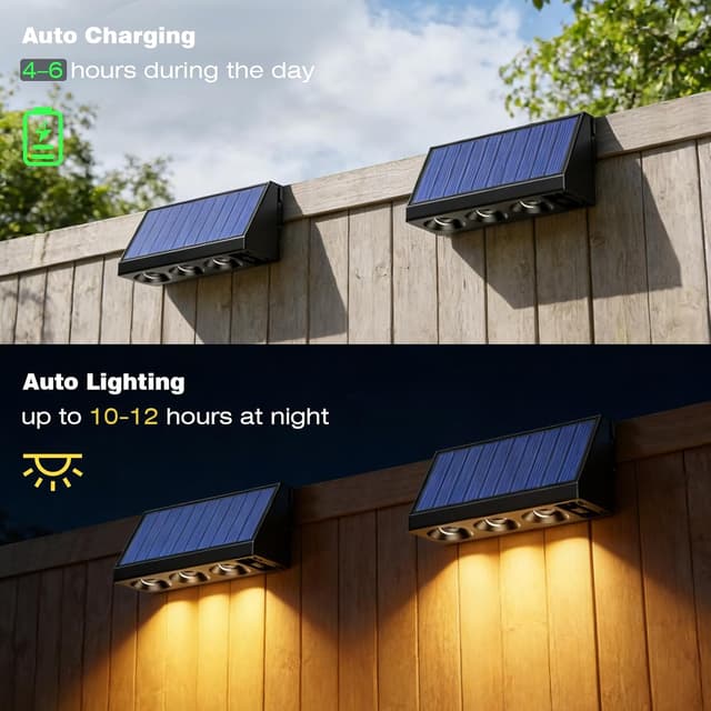 Detalle de Wudyfei Solar Fence Lights Outdoor (4 Pack) with 3LED and 3 Convex Lenses, IP65 waterproof solar wall lights