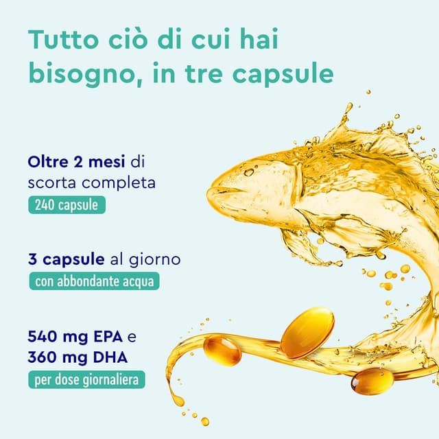 Detalle de Omega 3 3000 mg ad alto dosaggio in capsule softgel (240 capsule) con vitamina E e gusto senza retrogusto di pesce