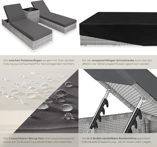 Detalle de tectake® 2er Garten Lounge Sonnenliegen-Set mit Tisch (2er Set, hellgrau)