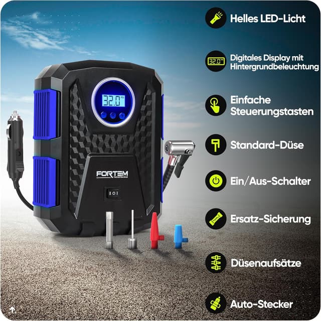 Detalle de FORTEM Tragbarer Kompressor für Autoreifen inkl. 230V-Adapter (12V) mit LED-Licht und digitalem Reifendruckmesser