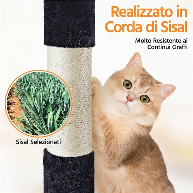 Detalle de Yaheetech albero tiragraffi per gatti da 158 cm con 3 pali graffiatoi, 3 posatoi e 2 grotte