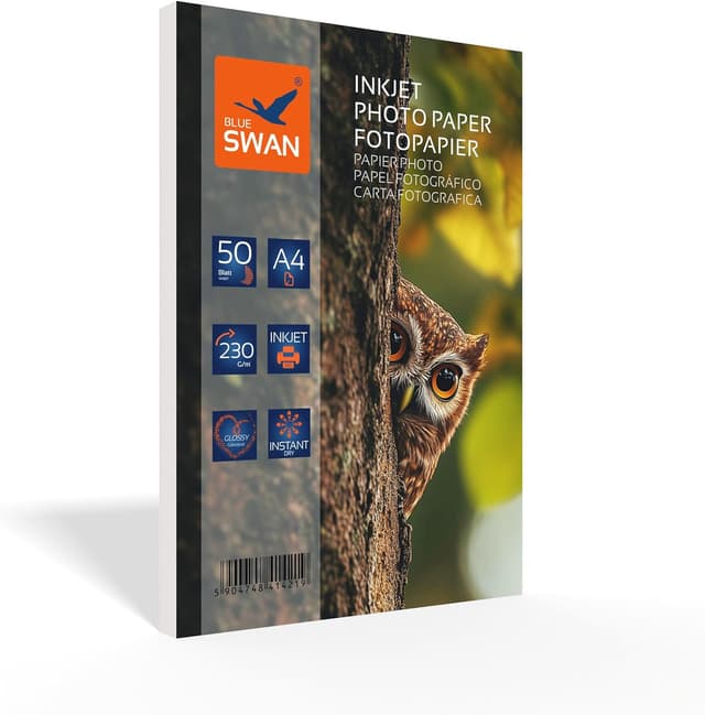 Detalle de BLUE SWAN Carta Fotografica Lucida A4 230 g/m² Extra Spessa – 50 fogli, bianco lucido, asciugatura rapida e resistente all’acqua (inkjet)