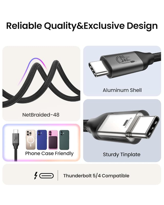 Detalle de Silkland USB4 (Thunderbolt 5) Cable 0.5m – 80Gbps data, 120Gbps display, up to 240W USB-C charging