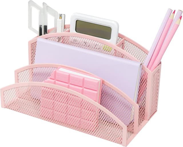 Detalle de EXERZ Schreibtisch-Organizer aus Mesh – 3-stufiger Briefhalter mit 4 Fächern in Rosa