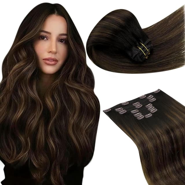 Detalle de LaaVoo Clip-in Extensions Mokka Braun – Echthaar, 45 cm, 7-teilig (120 g) #1C