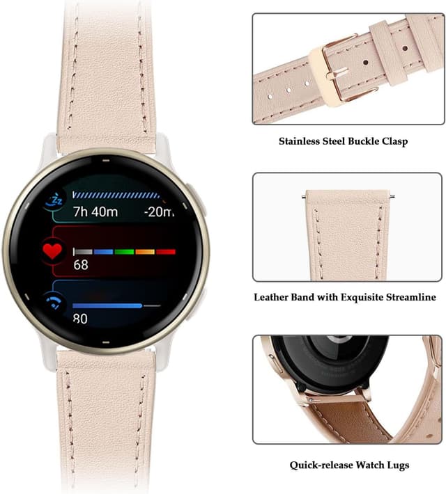 Detalle de Bracelet cuir 20 mm compatible Garmin Vivoactive 5/6, Venu 2 Plus, Venu Sq 2 et Vívomove 3 44 mm