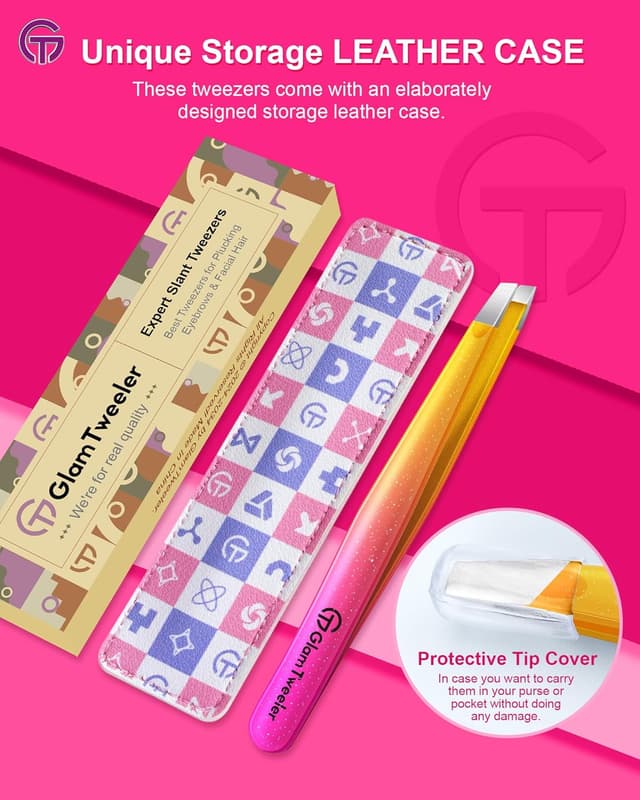 Detalle de GlamTweeler Expert Eyebrow Hair Removal Tweezer with Leather Case (Sparkle Fuchsia & Yellow) – Slant Tip Stainless Steel