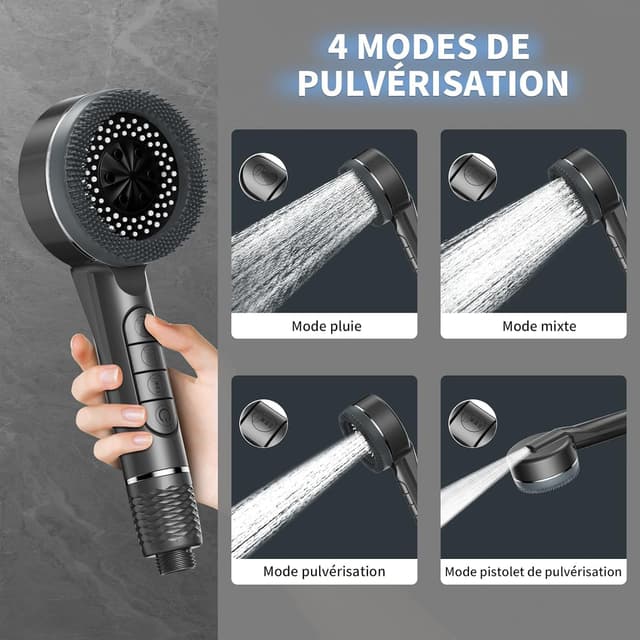 Detalle de Pommeau de douche anti-calcaire haute pression avec filtre et 4 jets (gris) + tuyau 1,5 m et support