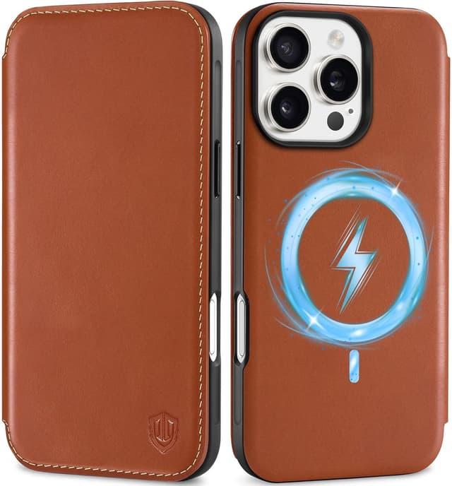 Detalle de SHIELDON Hülle für iPhone 16 Pro Max (6,9") mit Echtleder, Kartenfach & kabellosem Laden – Retro Braun
