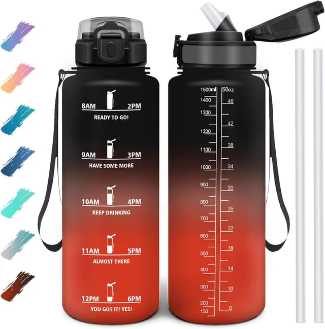 Detalle de Motswedi Gourde Paille 1500 ml sans BPA, étanche (noir & rouge) — idéale école et activités outdoor