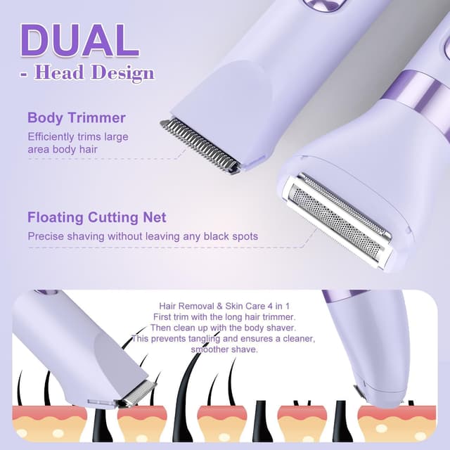 Detalle de Hatteker 4-in-1 Women’s Electric Razor (Dual-Head) for Bikini, Legs, Face, Nose & Eyebrows, IPX7 Waterproof Rechargeable, Purple