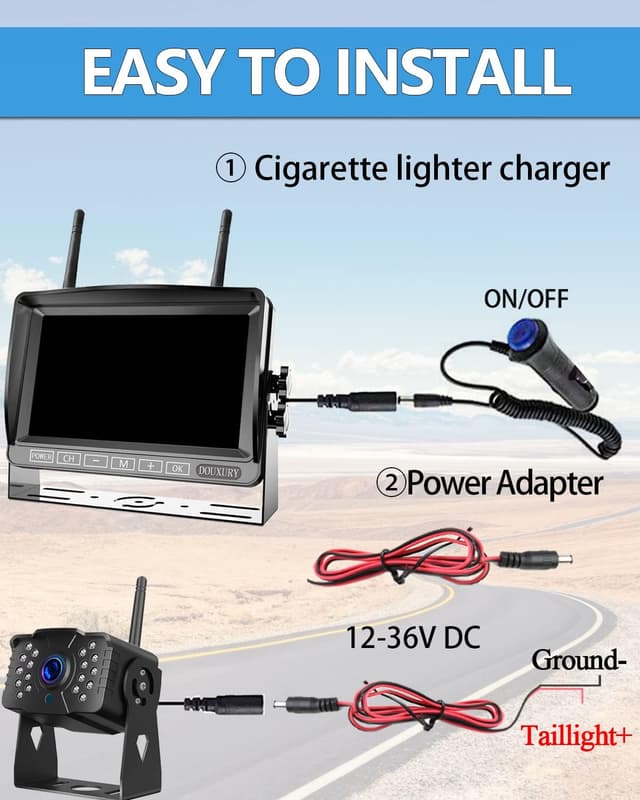 Thumbnail 6 de DOUXURY RV Backup Camera Wireless System with 7" HD LCD Monitor, IP69 Waterproof 170° Camera + 4-Split Screen