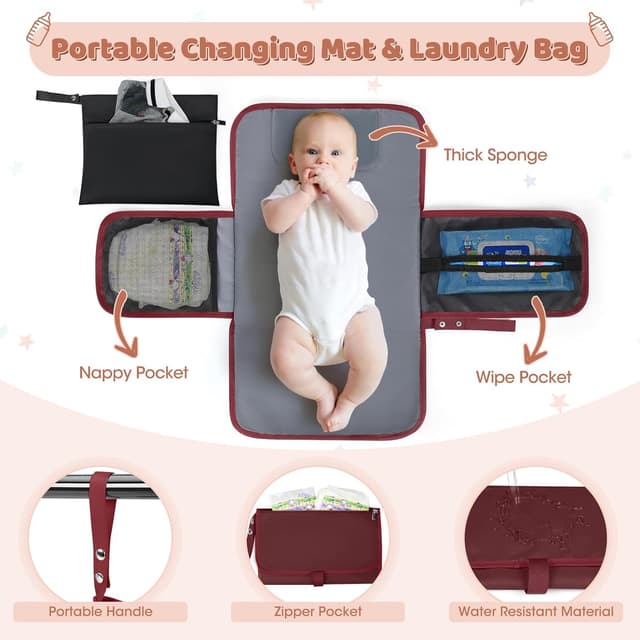 Detalle de Red Baby Changing Bag Backpack with Portable Changing Mat & Waterproof Nappy Laundry Bag