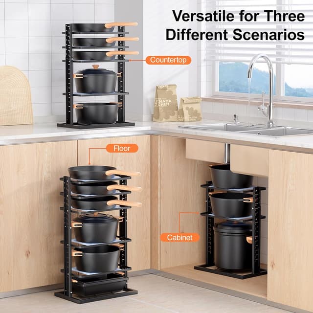Detalle de LAMU Pots and Pans Organizer for Under Cabinet (6-Tier, Adjustable 14 to 24.57")