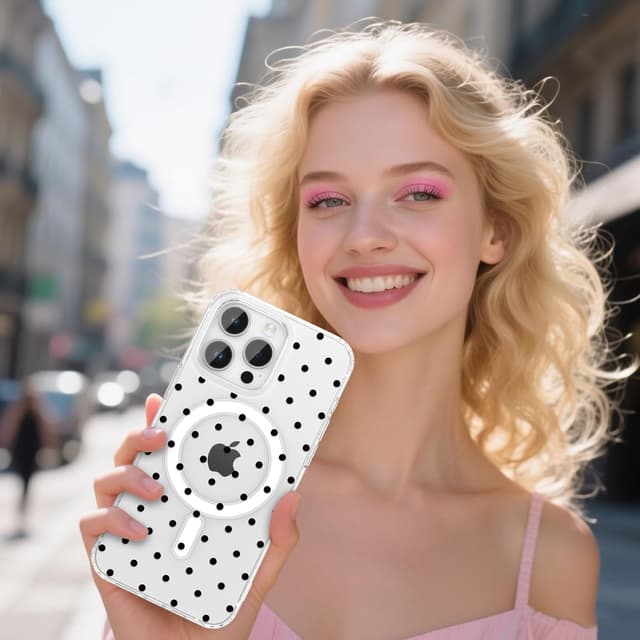 Thumbnail 6 de ZTOFERA magnetische Hülle für iPhone 15 Pro Max (6,7") – transparente TPU Handyhülle mit Polka-Punkte Muster, schwarz
