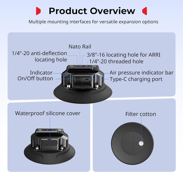 Thumbnail 6 de SmallRig 5-inch Electric Suction Cup Mount Kit with Magic Arm and Ball Head (with 2000mAh Type-C battery) for vehicles