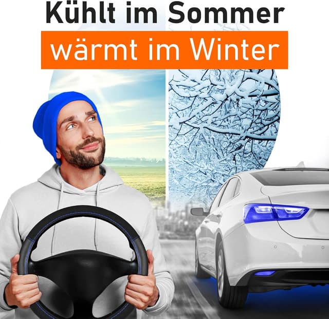 Detalle de Upgrade4cars Lenkradbezug Schwarz-Blau (Leder-Optik) universal für 37–39 cm