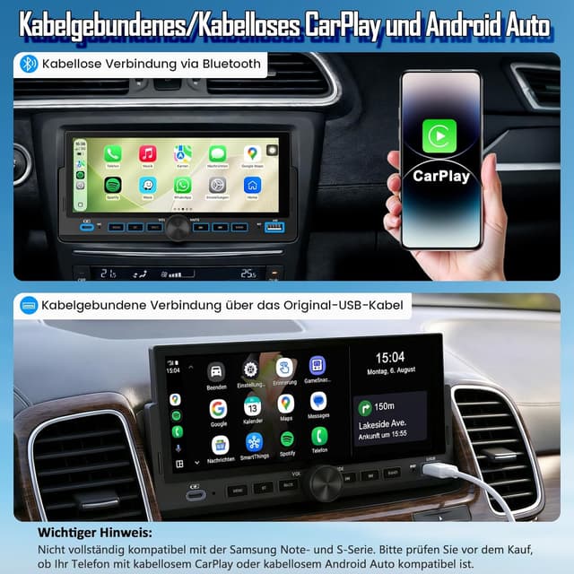 Detalle de 1-DIN Autoradio mit 6,86-Zoll Wireless CarPlay & Android Auto, Bluetooth und Rückfahrkamera