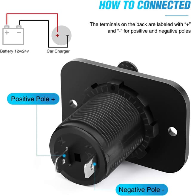 Detalle de Nilight 2-Pack 12V Waterproof Car Cigarette Lighter Socket (Universal Fit) with Terminals & Wires