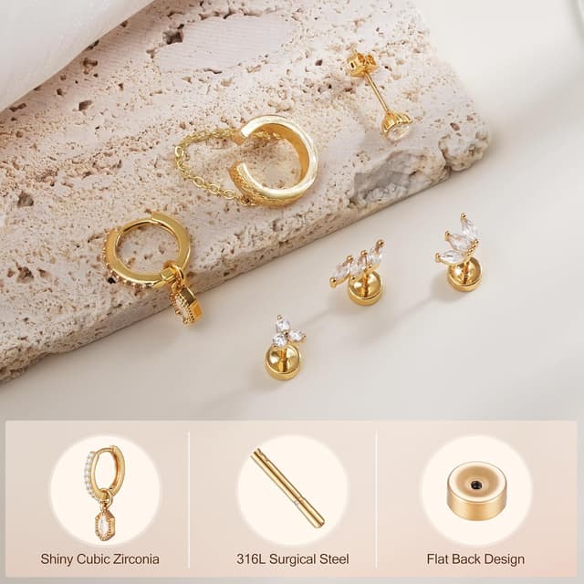 Detalle 2 de Turandoss Ohrringe Set (6 Paar) aus 316L Chirurgenstahl, hypoallergen – Ohrstecker, Creolen & Ear Cuff für Damen