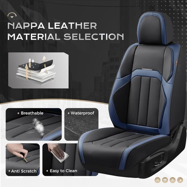 Detalle de Coverado Car Seat Cover Set (Full Seat) in Premium Nappa Leather, Universal Waterproof Non-Slip Fit for Most Cars/Black-Blue