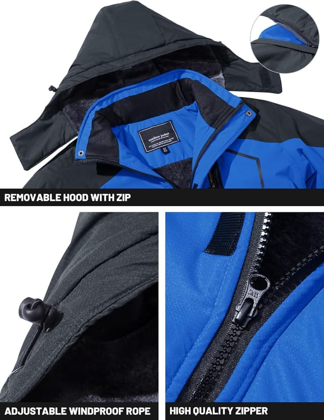 Detalle de TACVASEN Men’s Winter Skiing Jacket with Detachable Hood, Fleece Lining & Double Zipper