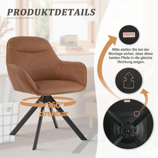 Detalle 2 de Goeurvant Sedie da pranzo girevoli in PU con braccioli (set da 2) marrone