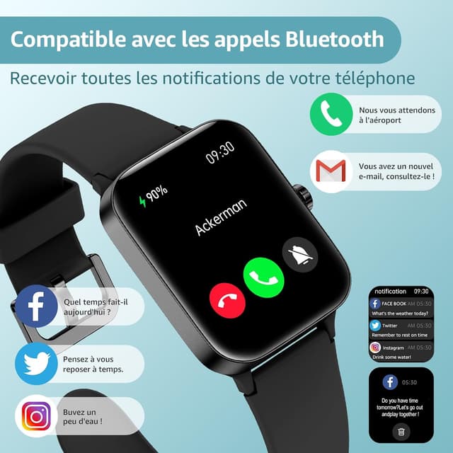Detalle de KIUVKAS Smartwatch homme femme P3, écran 1,95" full touch, appels et suivi santé