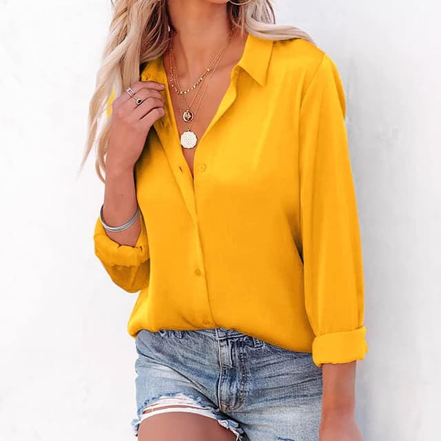 Detalle de NONSAR chemise élégante manches longues col relevé pour femme, blouse satin 100% polyester