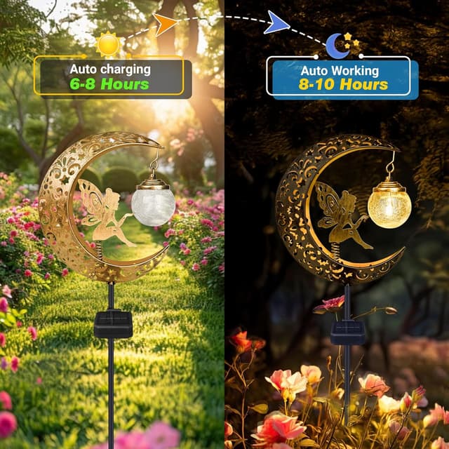 Detalle de Solar Lights Outdoor Garden Ornaments IP65 Waterproof Moon Fairy Solar Crackle Glass Light with Metal Stake (warm white LED)